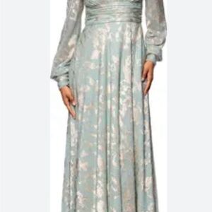 Betsy & Adam Foil Pattern Long Sleeve Gown Size 14
